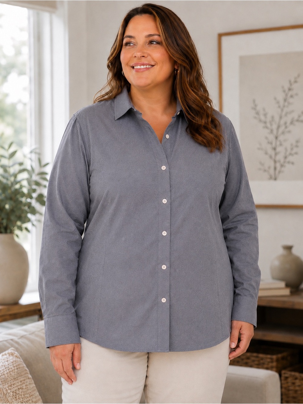 Foxcroft Non-Iron Button-Up Shirt Women’s 20W Gray 100% Cotton Career Wear